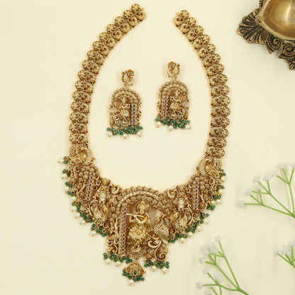 Antique Long Haara featuring Krishna playing the flute with Peacock work
