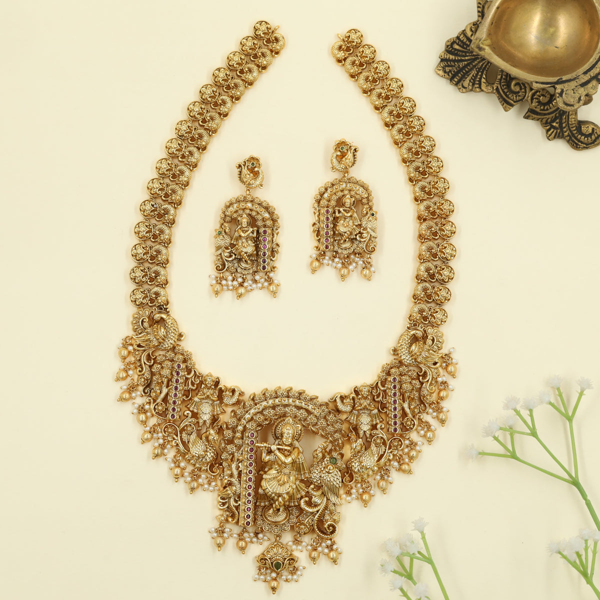 Antique Long Haara featuring Krishna playing the flute with Peacock work