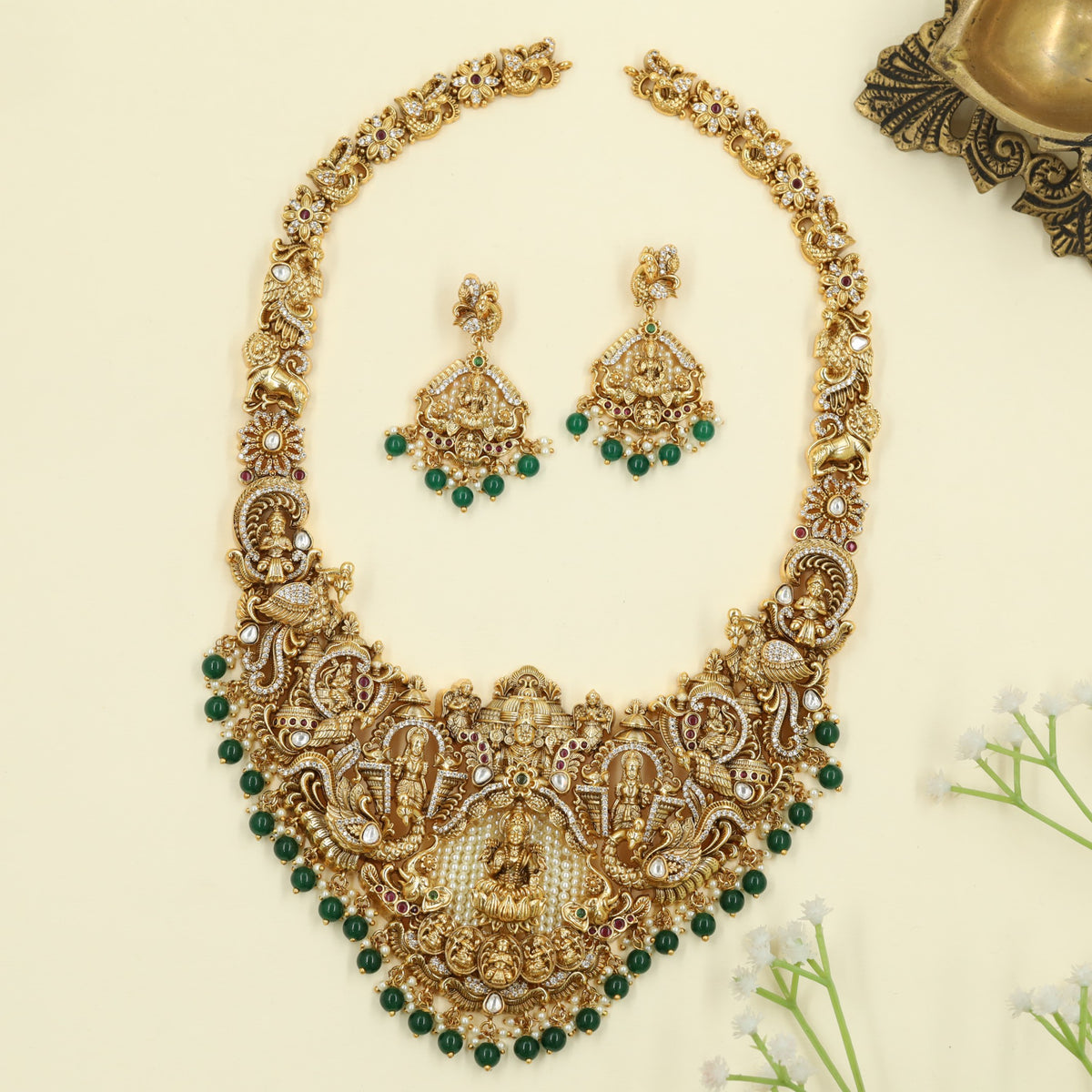 Antique Long Haara featuring Lakshmi Balaji and Peacock craftsmanship