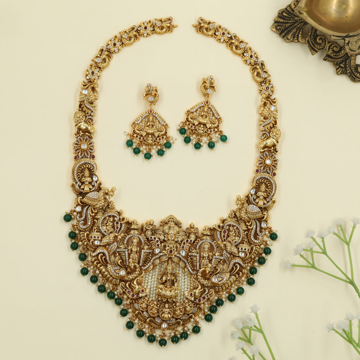 Antique Long Haara featuring Lakshmi Balaji and Peacock craftsmanship