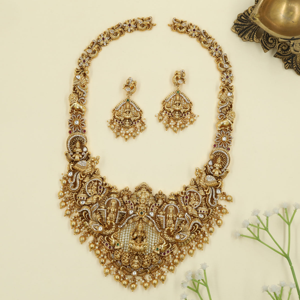 Antique Long Haara featuring Lakshmi Balaji and Peacock craftsmanship