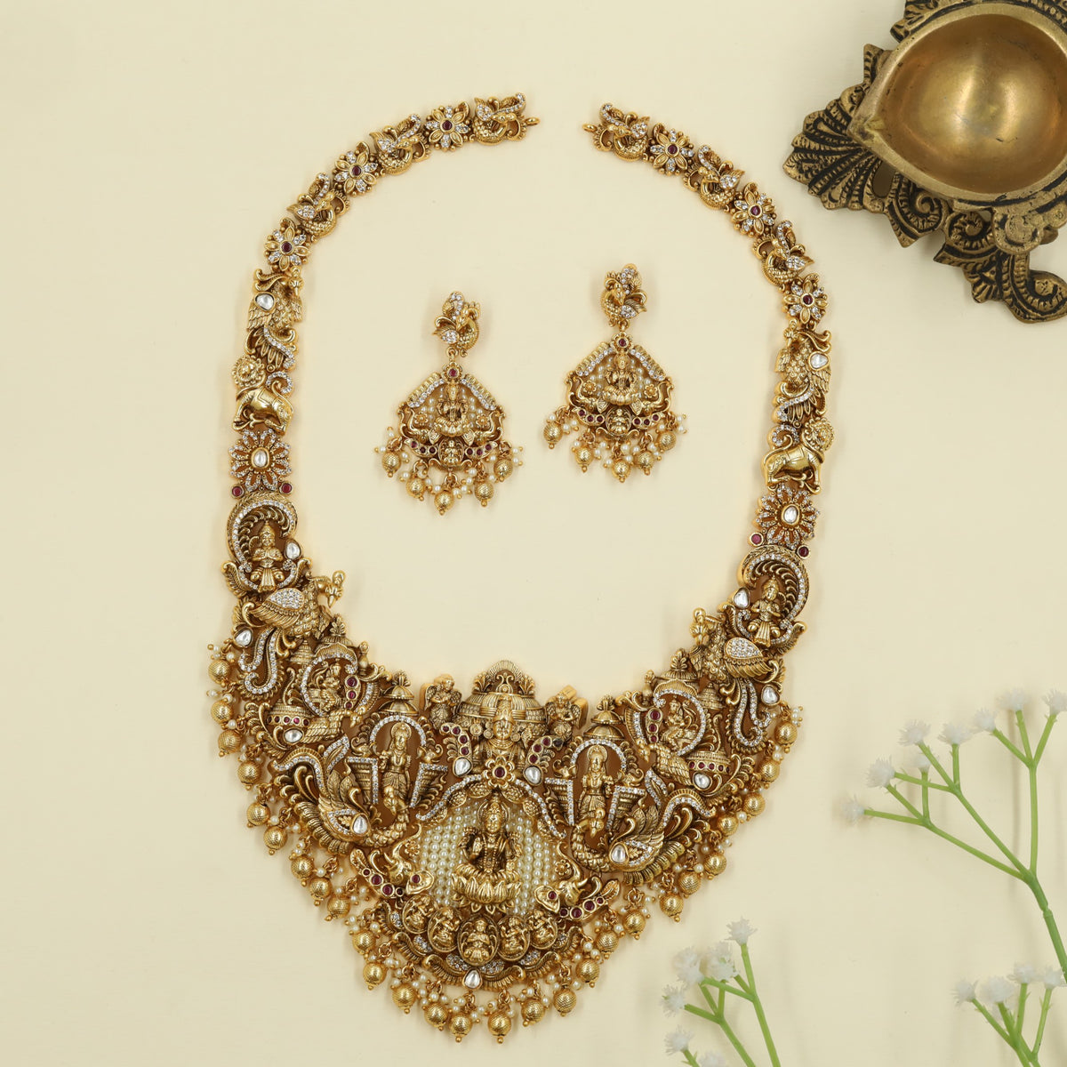 Antique Long Haara featuring Lakshmi Balaji and Peacock craftsmanship