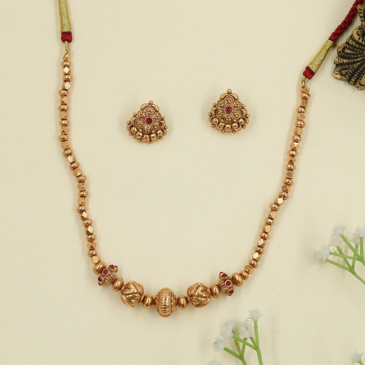Antique Beads Necklace Set with Sculpted Side Elements