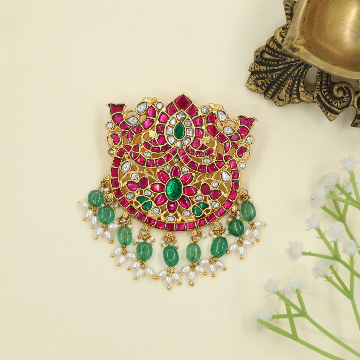 Designer Jadau pendant structured with bead fringe accents