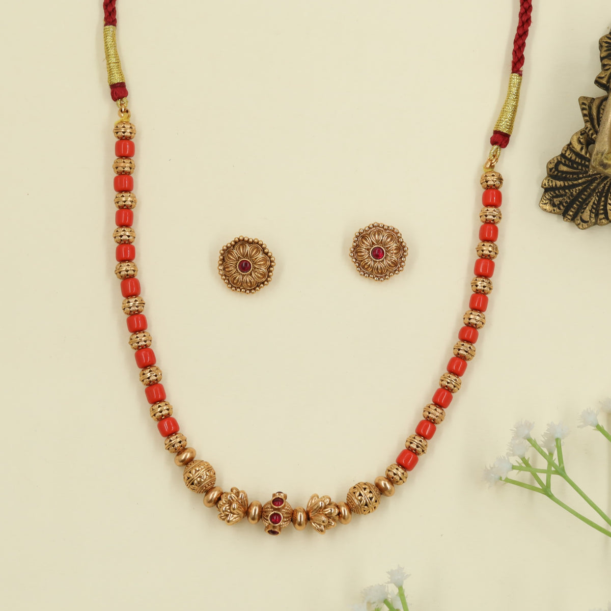 Antique Beads Necklace with sculpted floral centre elements