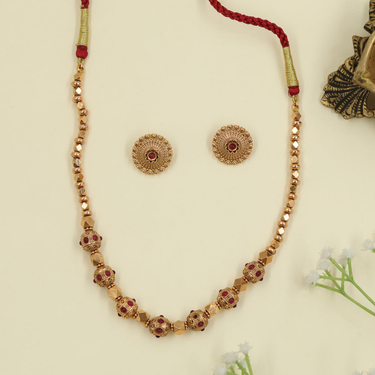 Antique Beads Necklace with round bead and geometric link detailing