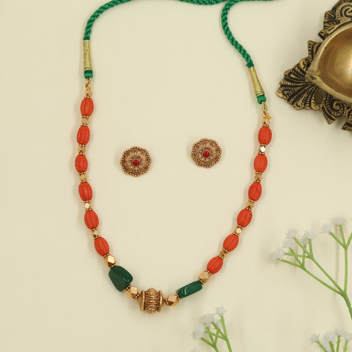Traditional Antique Beads Necklace with sculpted centre bead