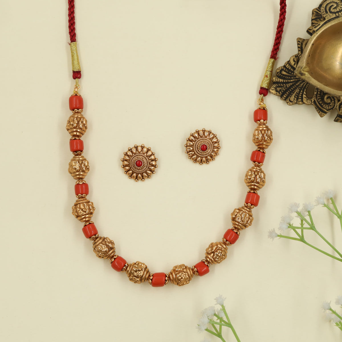 Antique Beads Necklace with sculpted floral bead detailing
