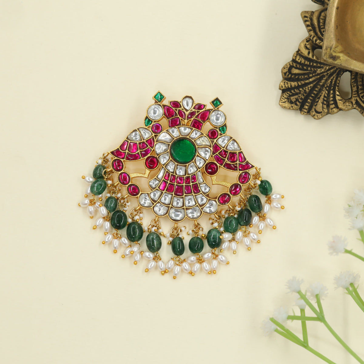 Peacock detailing Jadau Pendant with suspended drops