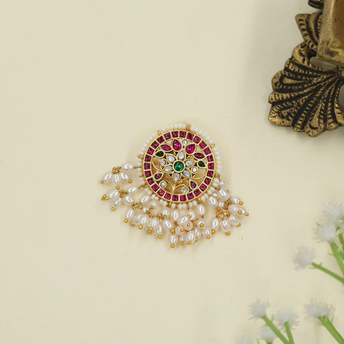 Round floral Jadau Pendant with pearl fringe