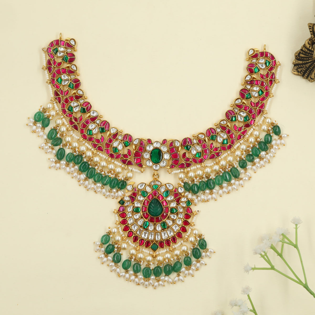 Jadau Necklace with pearl fringe and decorative pendant