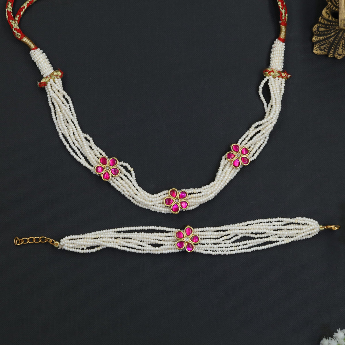Multi strand pearl Jadau Choker with matching Bracelet