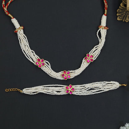 Multi strand pearl Jadau Choker with matching Bracelet