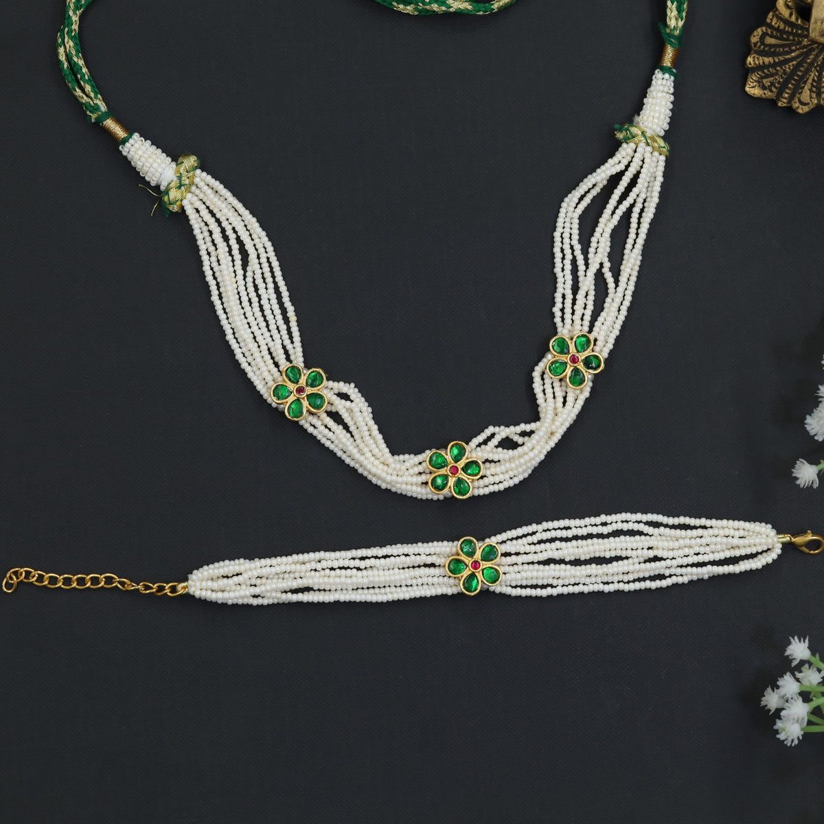 Multi strand pearl Jadau Choker with matching Bracelet