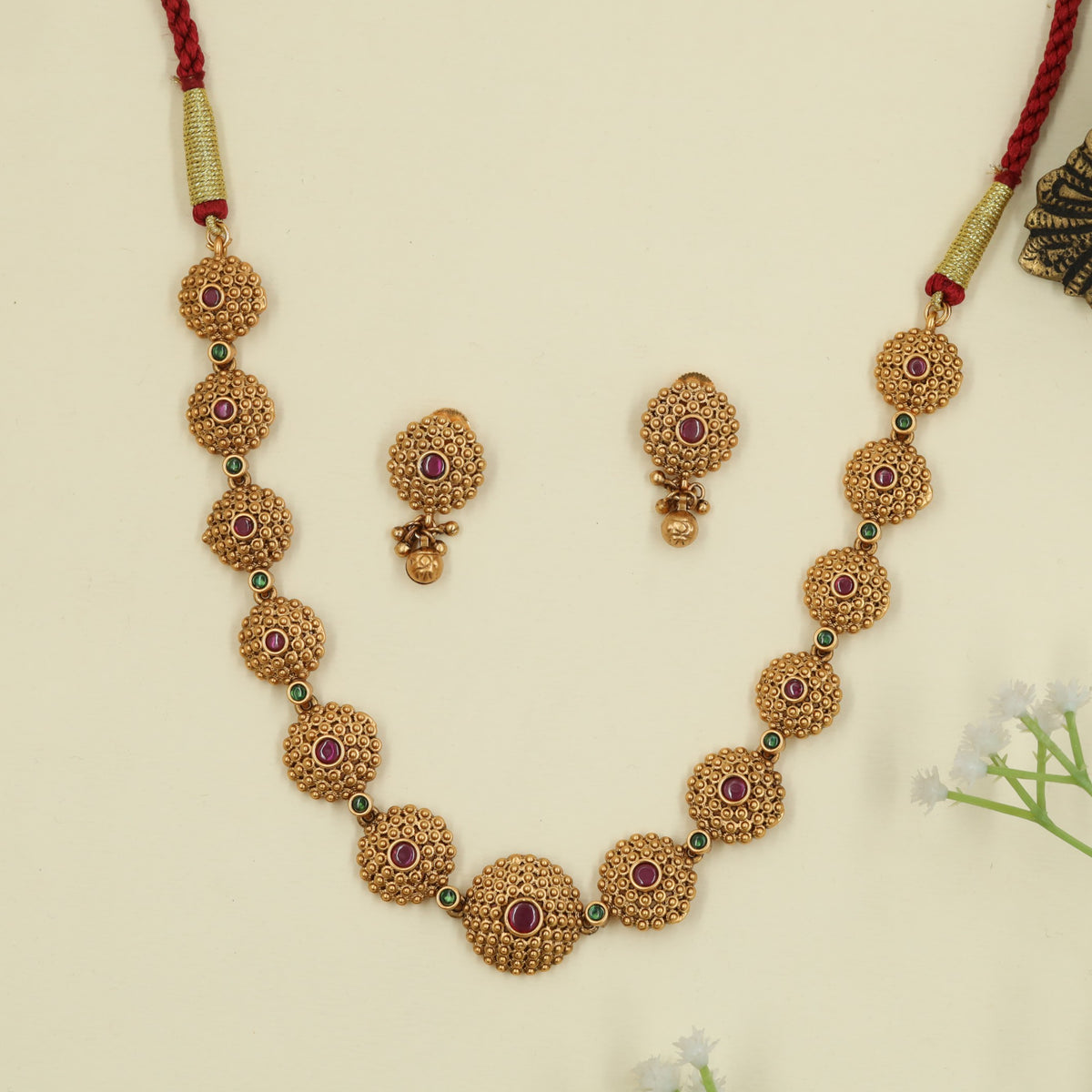 Antique Necklace with repeated round panels and matching earrings