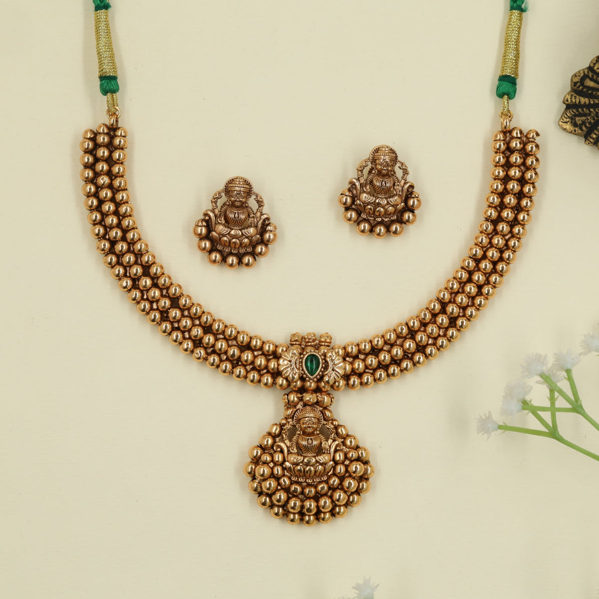 Couture Lakshmi Antique Necklace Set with Bead Rows