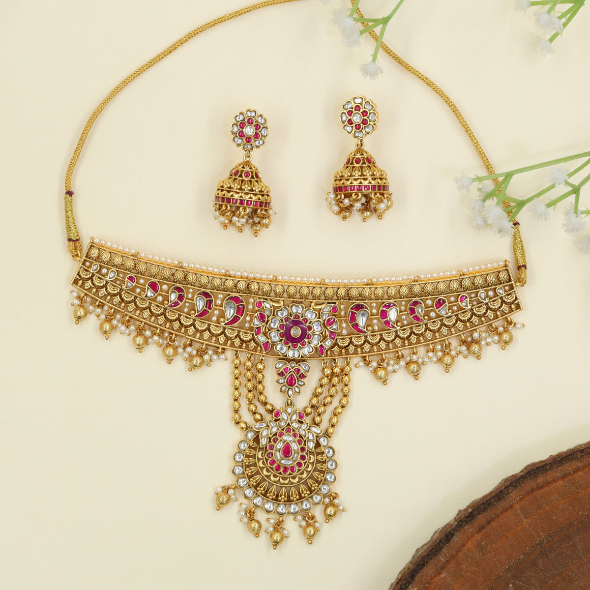 Antique Choker with a broad ornamental band and central floral drop