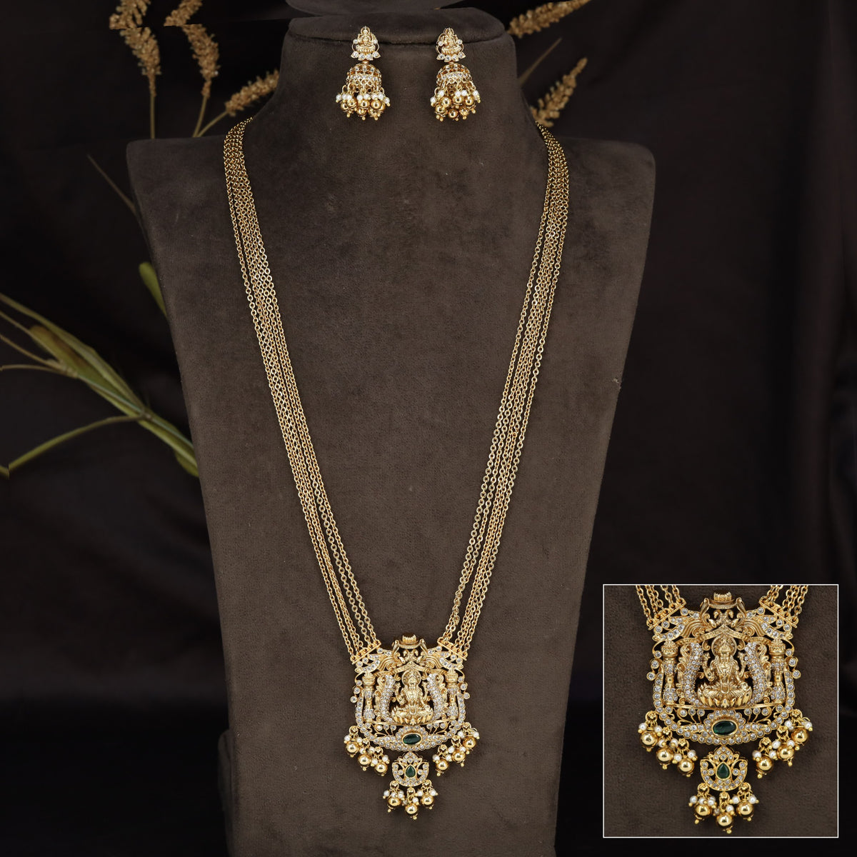 Seated Lakshmi design with intricate floral detailing Antique Long Haara