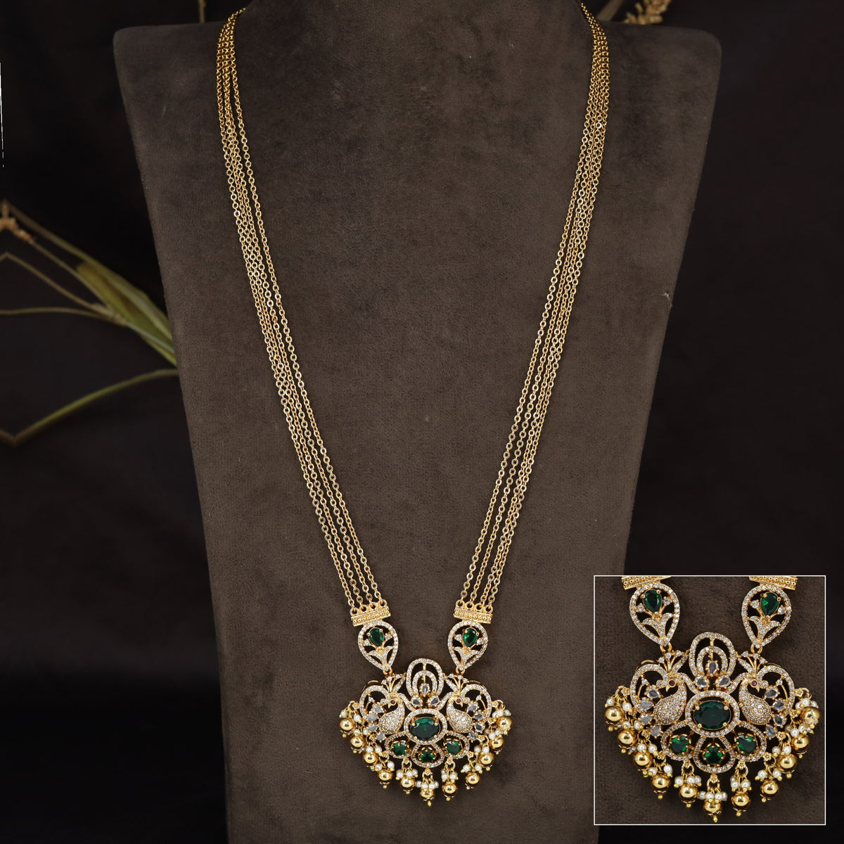 Twin Peacock Antique Chain Pendant with Florals