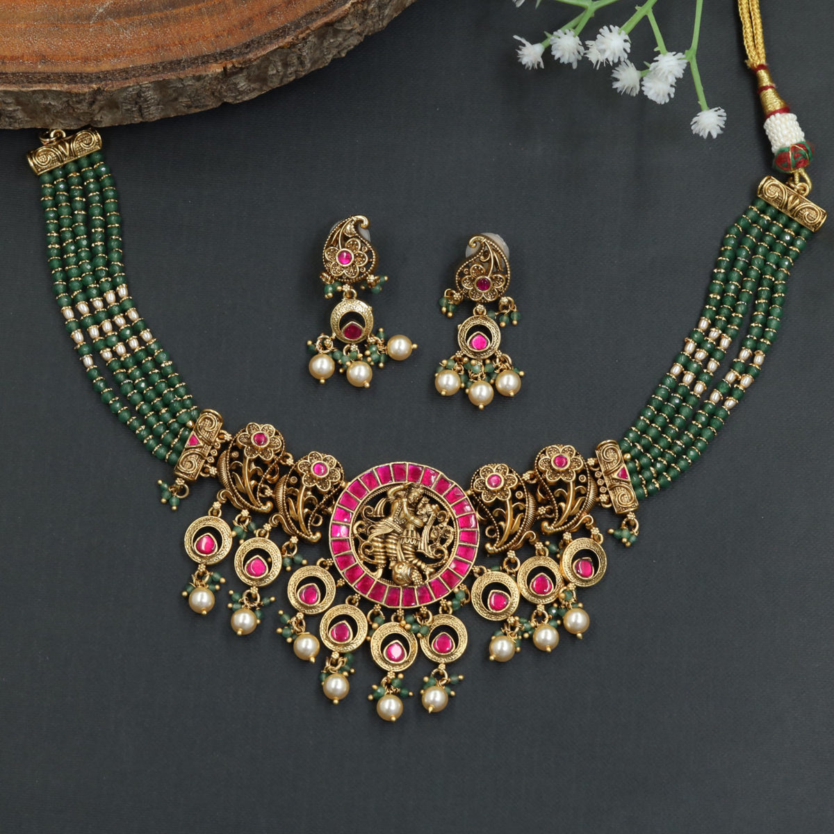 Antique Beads Choker with Krishna and Radha surrounded by floral detailing