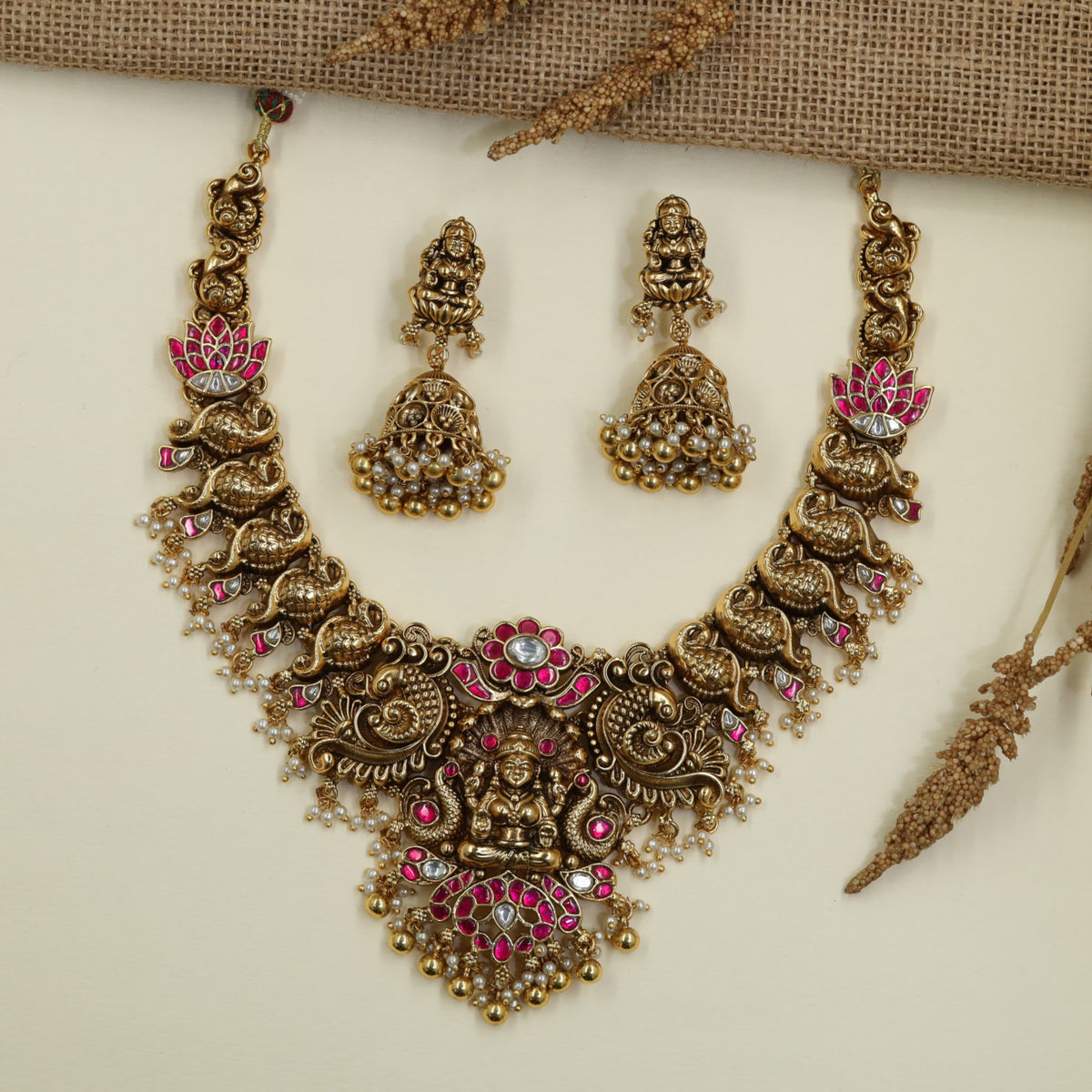 Antique Necklace with Lakshmi centre and lotus detailing