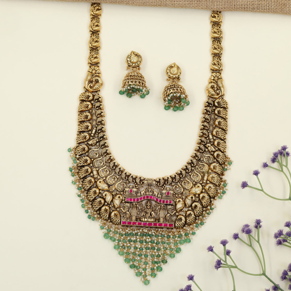Antique Long Haara with an ornate Lakshmi panel and cascading bead fringe