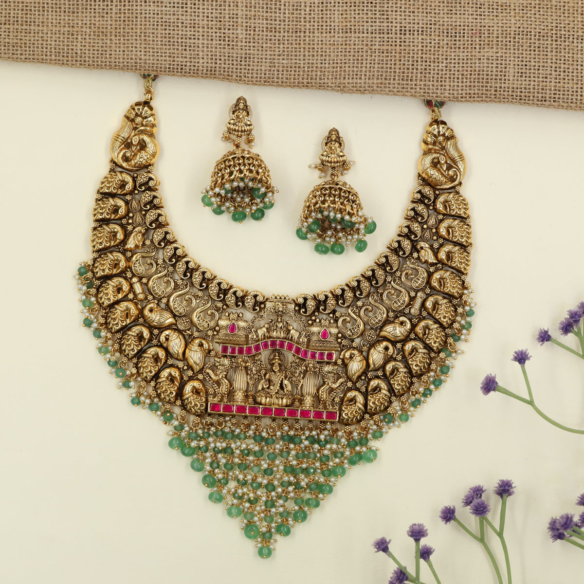 Antique Necklace with Gajalakshmi centre and ornate peacock detailing