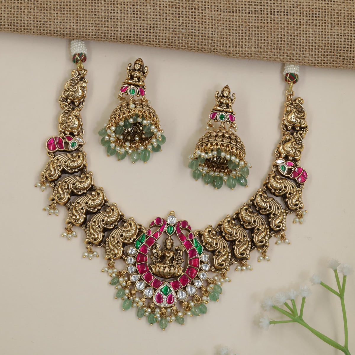 Regal Antique Lakshmi Necklace Set with Paisley Drops
