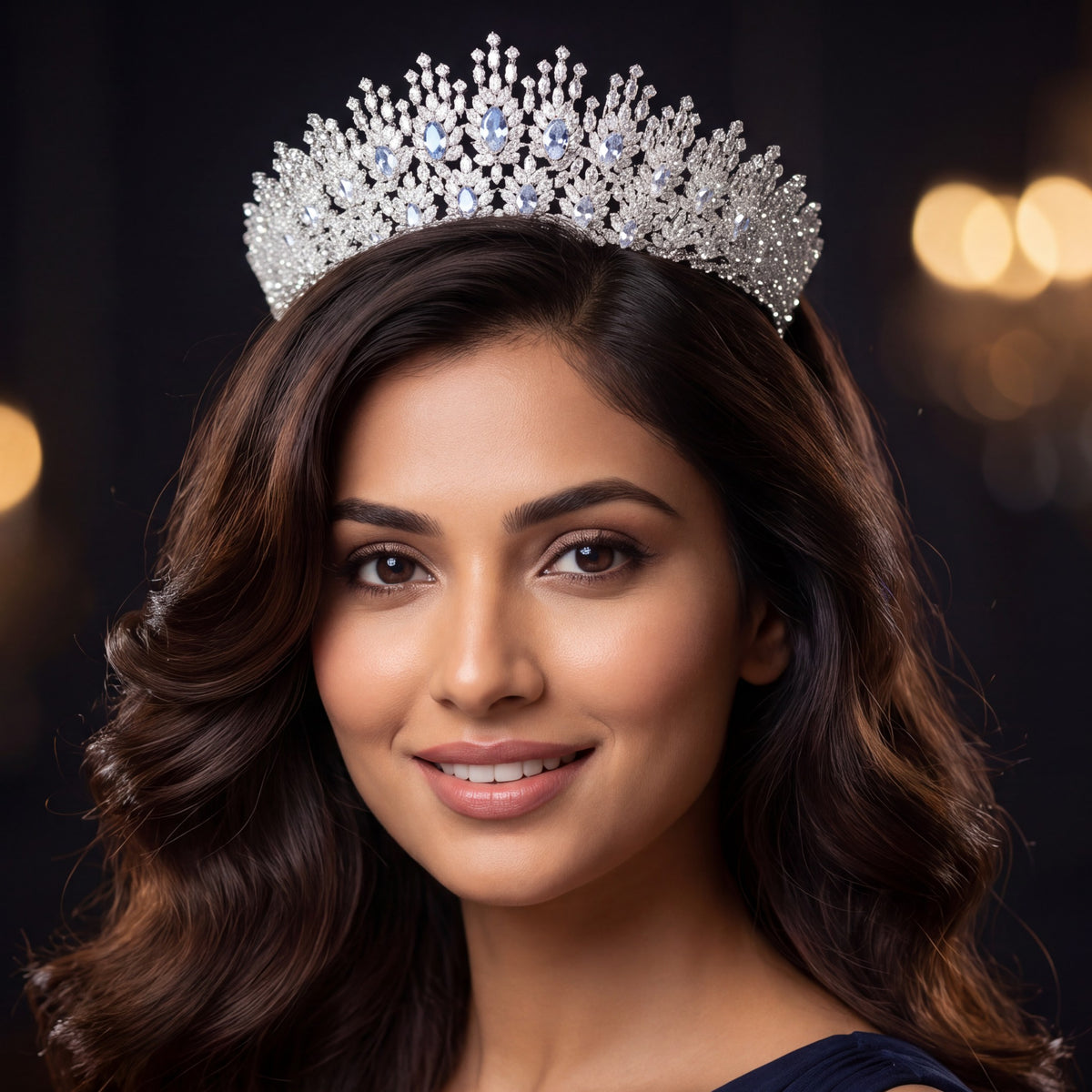 Grand floral crown with layered blooms, fine botanical elements and graceful upward detailing