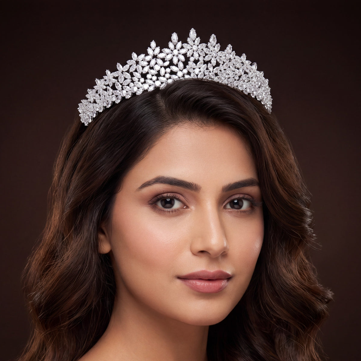 Classic floral framework crown with intricate blossoms, leaf detailing and openwork craftsmanship