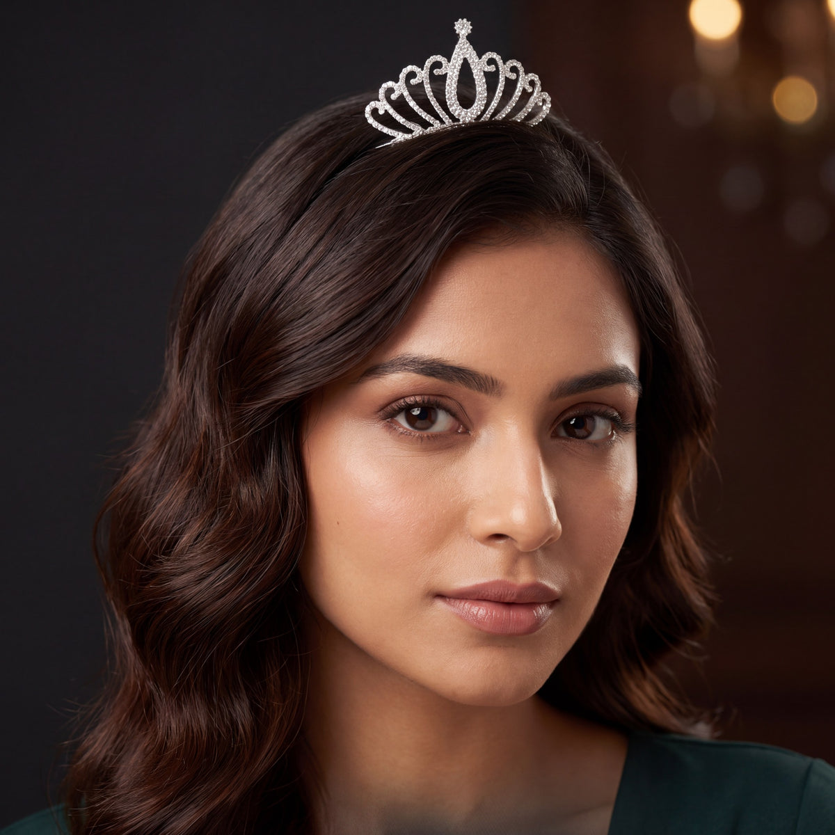 Radiant openwork crown with a tall central teardrop design and sparkling crystal detailing