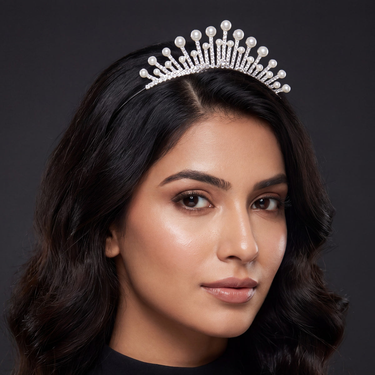 Pearl tipped radiant crown with sparkling crystal arches and elegant openwork detailing