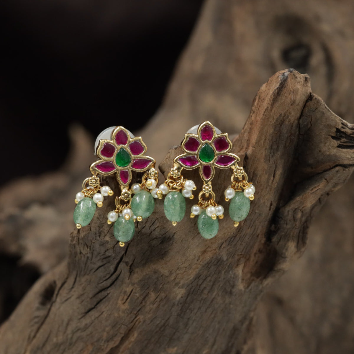 Antique Stud Earrings With Floral Stonework And Drop Accents