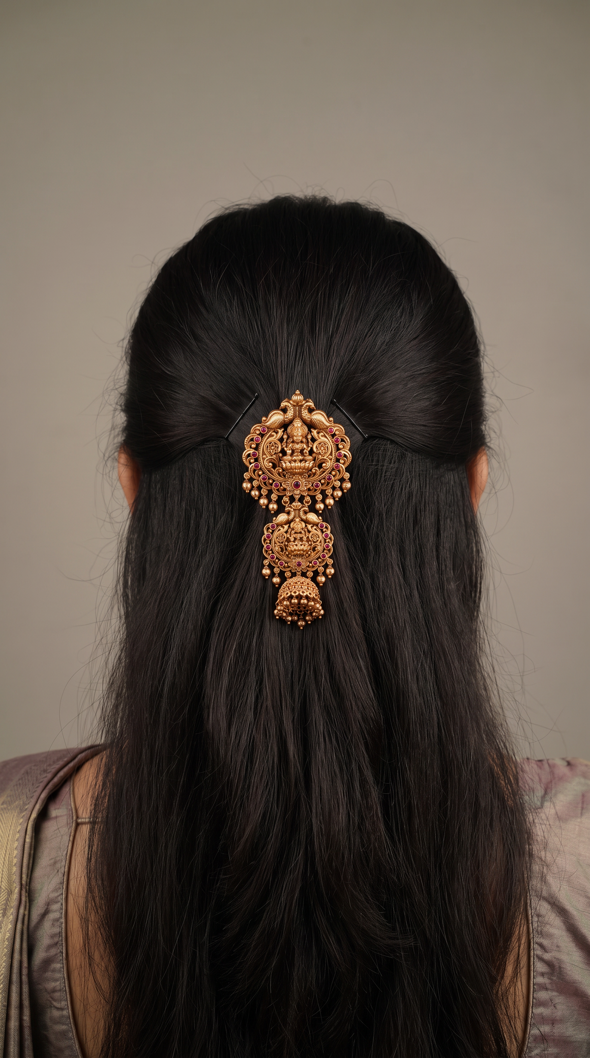 Gilded Lakshmi Frame Antique Jade Bille with Sculpted Peacock Details