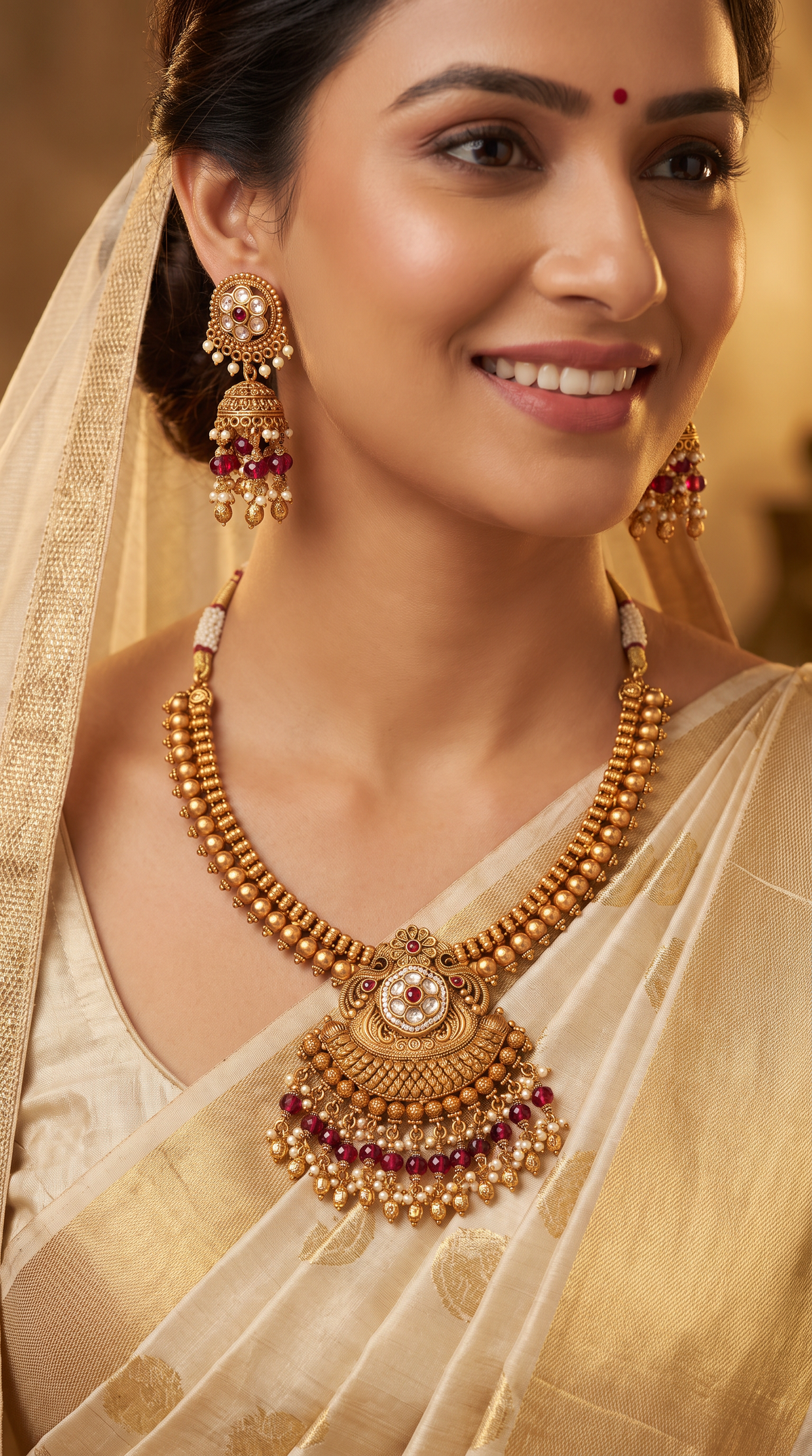 Dense bead kundan necklace with structured rows and scalloped pendant fringe