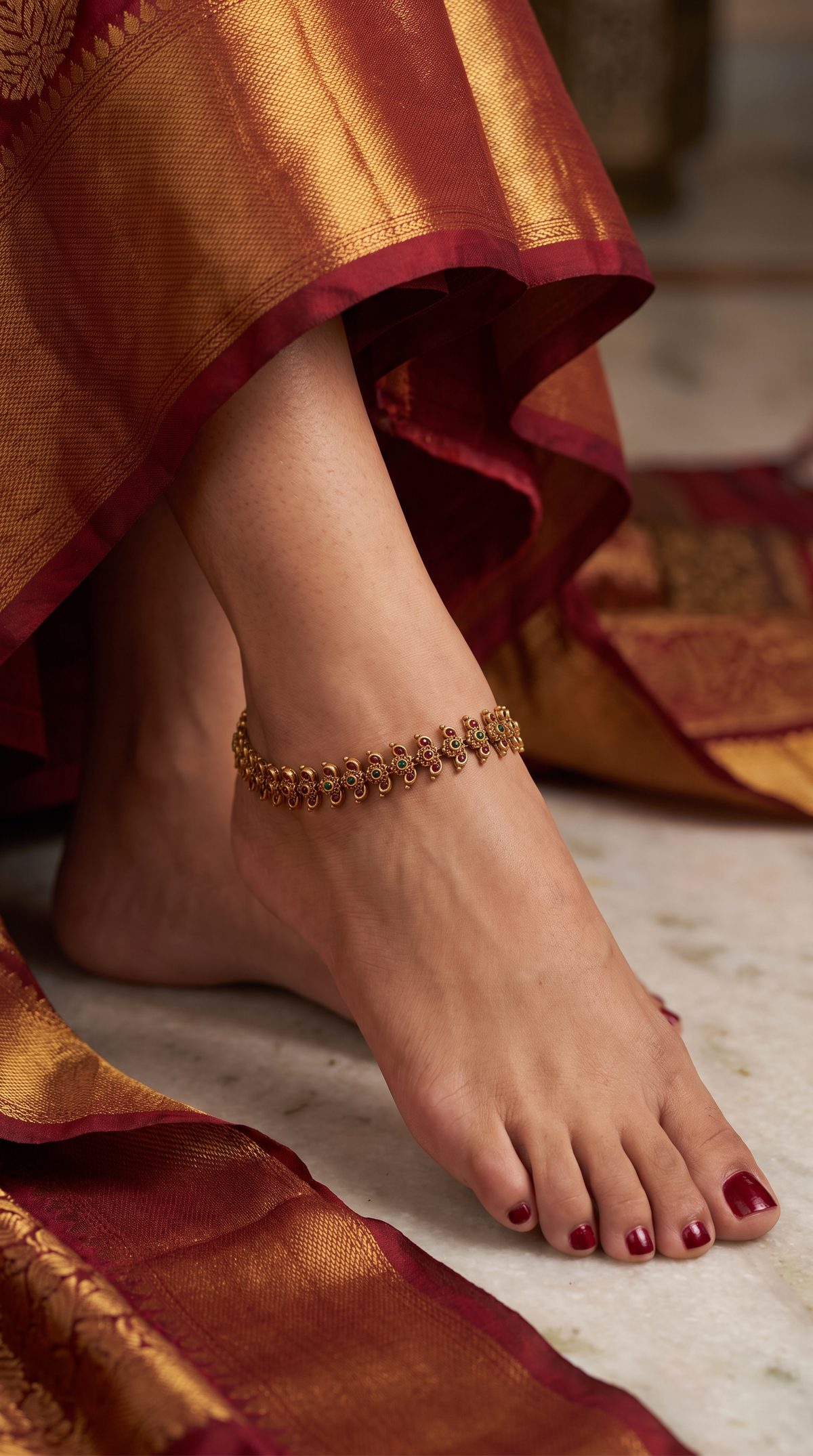Royal Paisley Antique Payal with Traditional Chain Layout