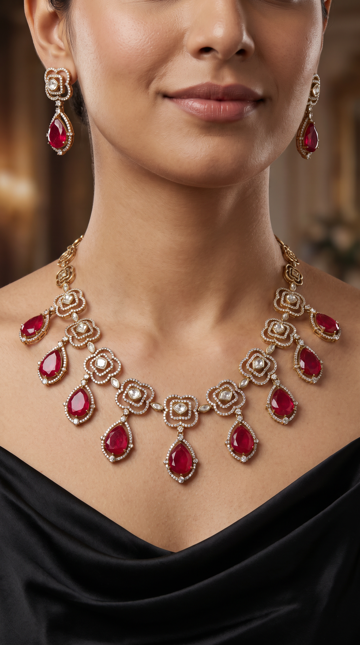 Teardrop Stone Victorian Necklace with Interlinked Floral Frames