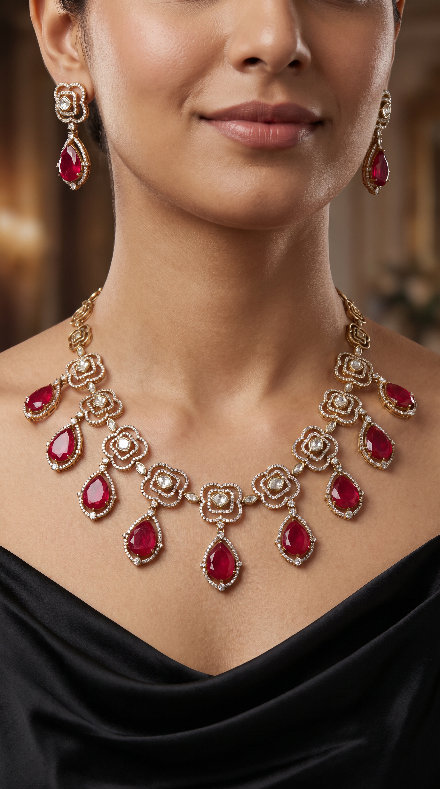 Teardrop Stone Victorian Necklace with Interlinked Floral Frames