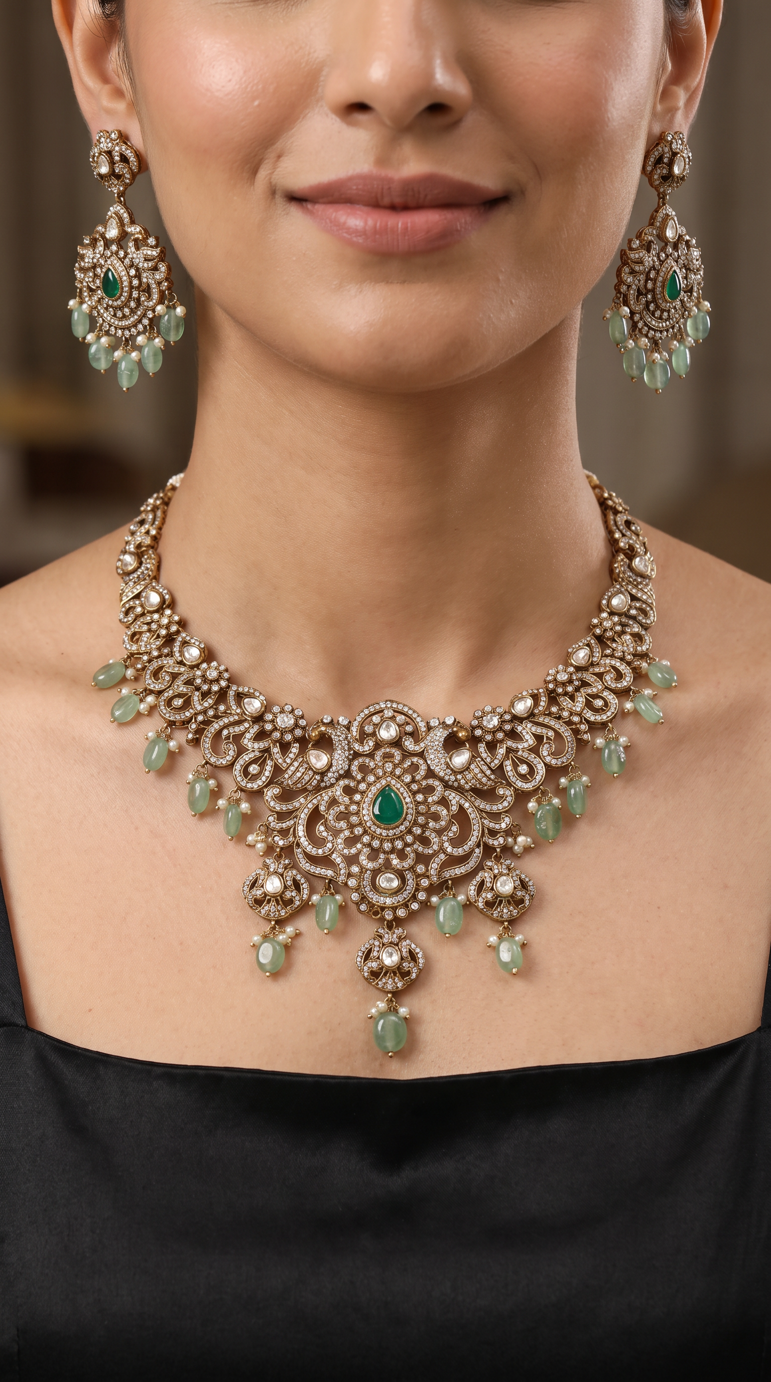 Decorative Peacock Scroll Victorian Necklace with Central Petal Cluster