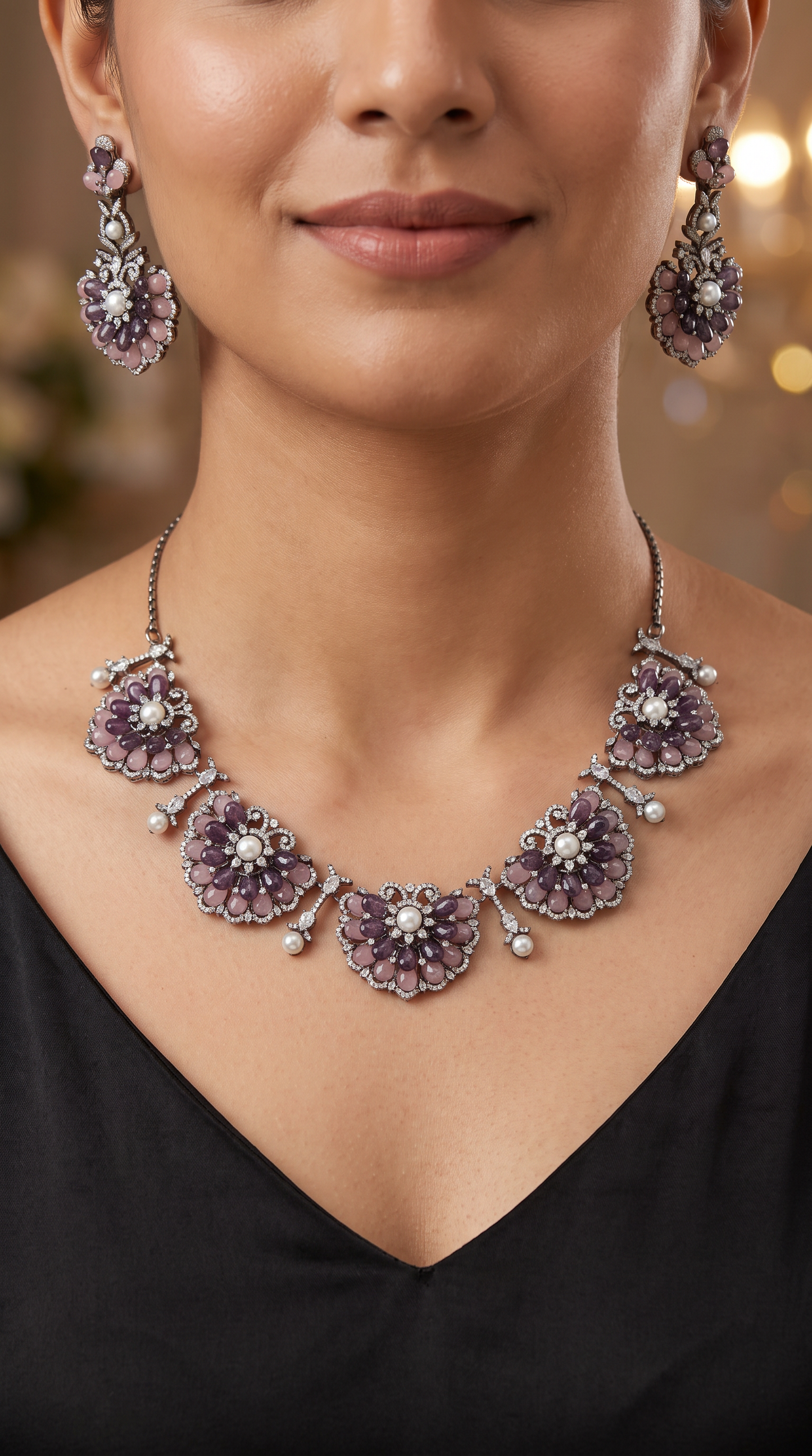 Luxury Petal Cluster Crytalstal Necklace with Statement Floral Layout