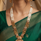 Dual texture kundan long haara with pearl bunch upper links and flowing bead drop chains