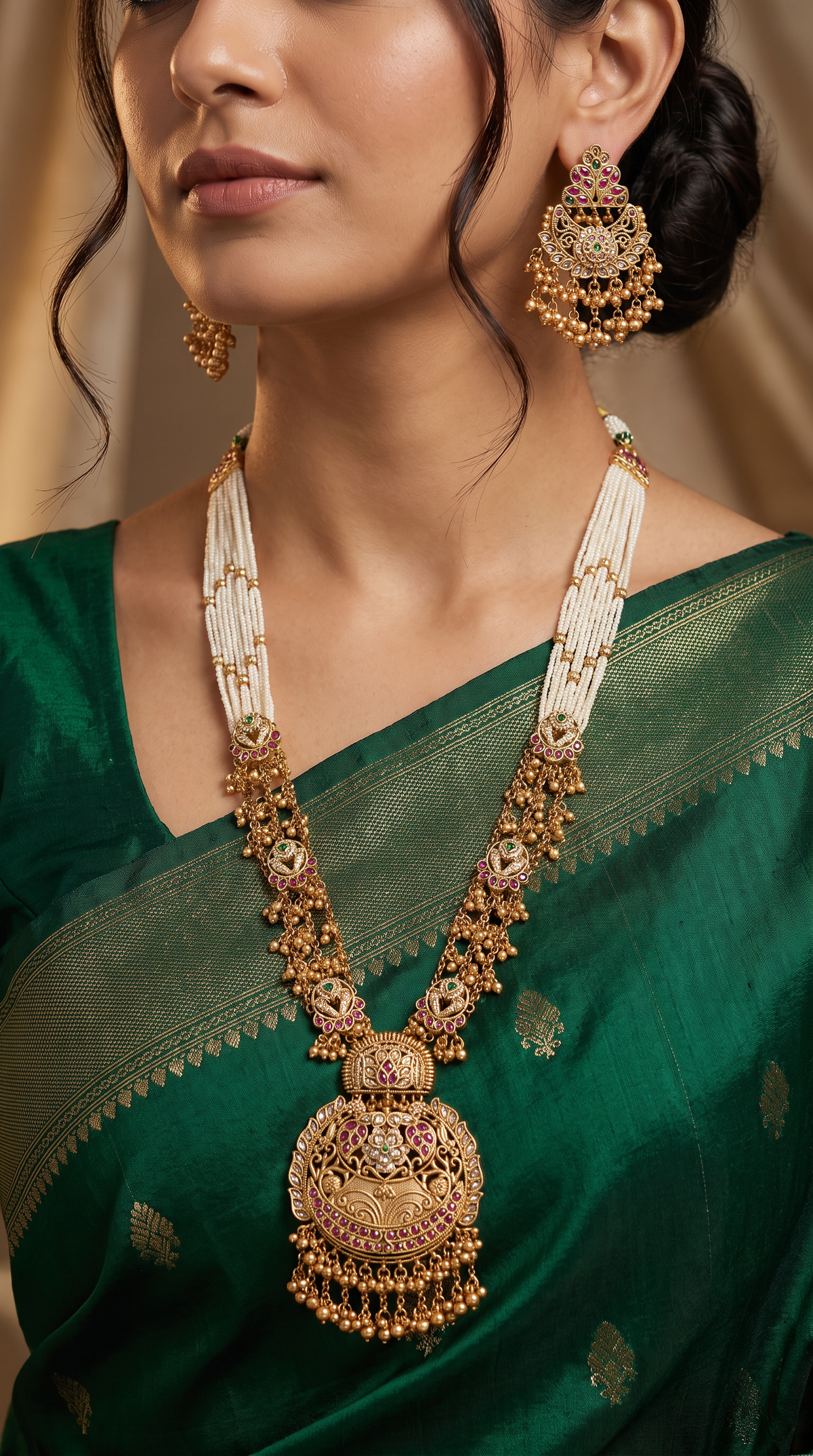 Dual texture kundan long haara with pearl bunch upper links and flowing bead drop chains