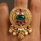 Woven Texture Disc Kundan Finger Ring with Raised Oval Center and Fringe Drop Charms