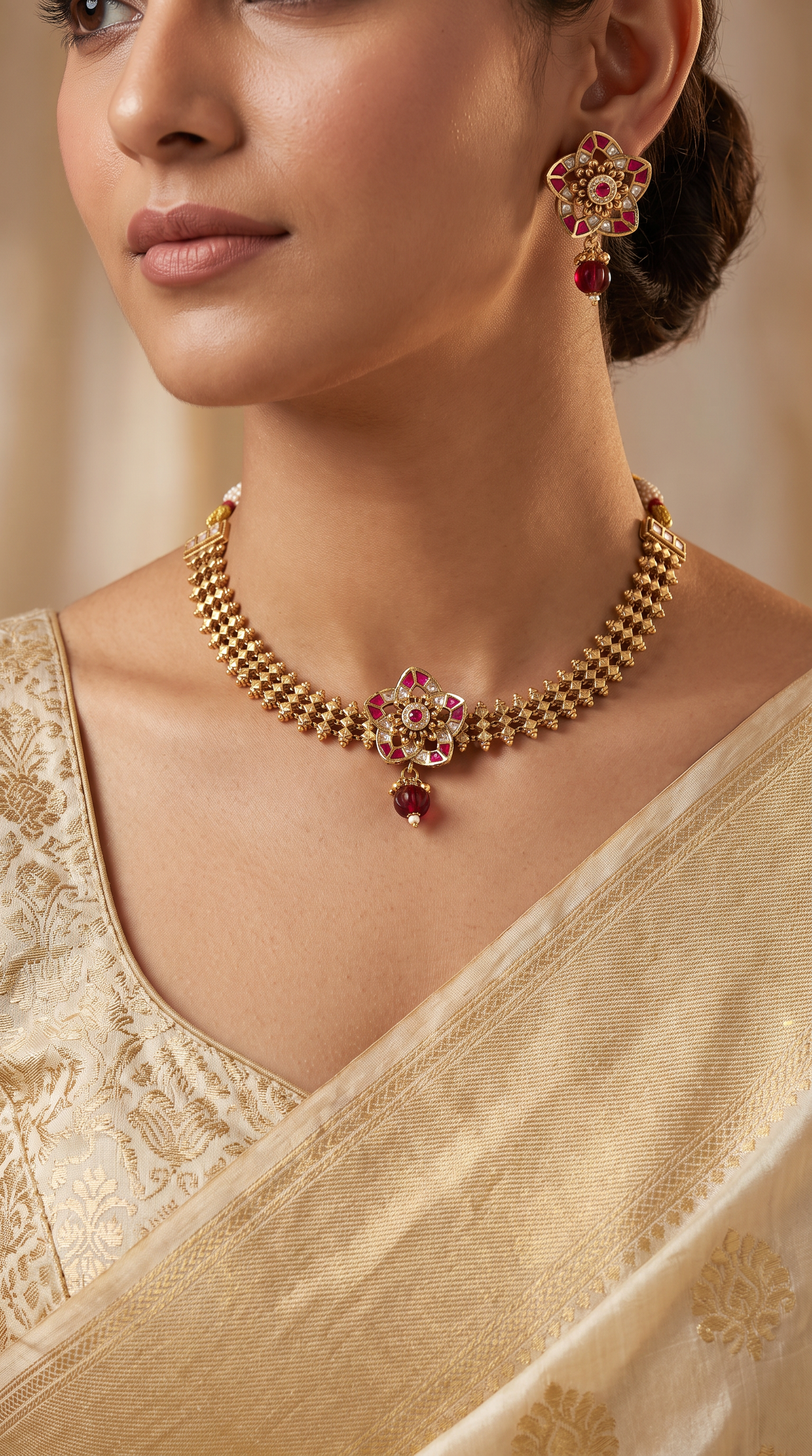 Signature Kundan Choker Necklace With Ruby Floral Elements And Gold Texture Design