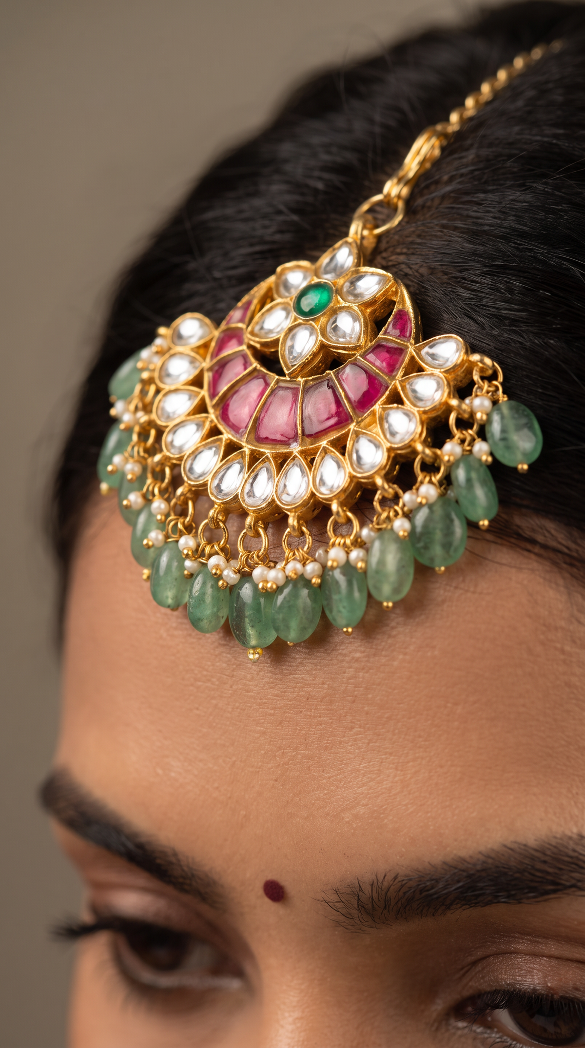 Padma Jadau Floral Medallion Tikka with Gemstone Crescent Fringe