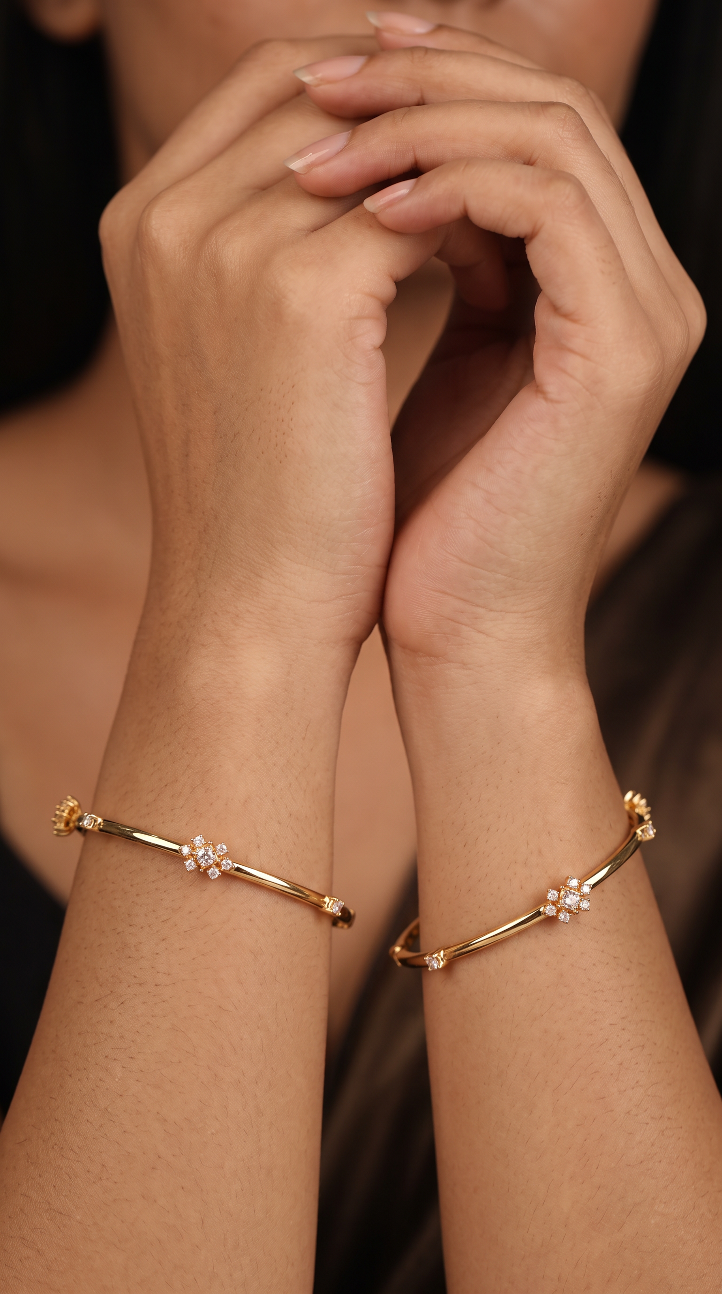 Slim Gold Finish Bangles with Dual Floral Stone Accents
