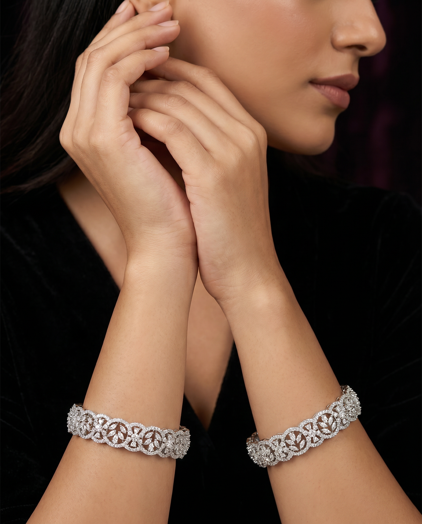 Bracket Lace Rhodium Bangles with Continuous Filigree Pattern