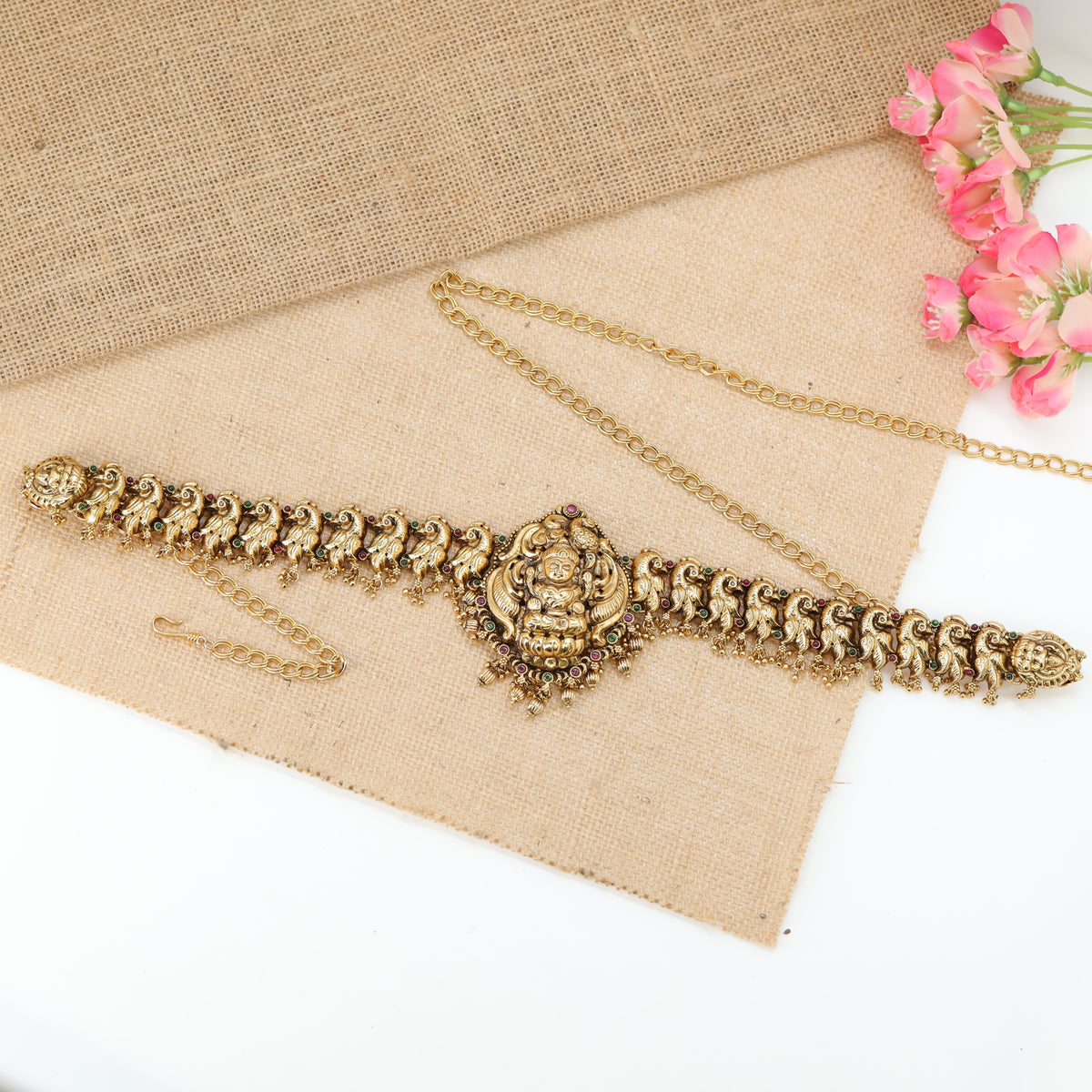 Gajalakshmi Crest Waist Belt with Peacock Procession Panels and Bead Fringe