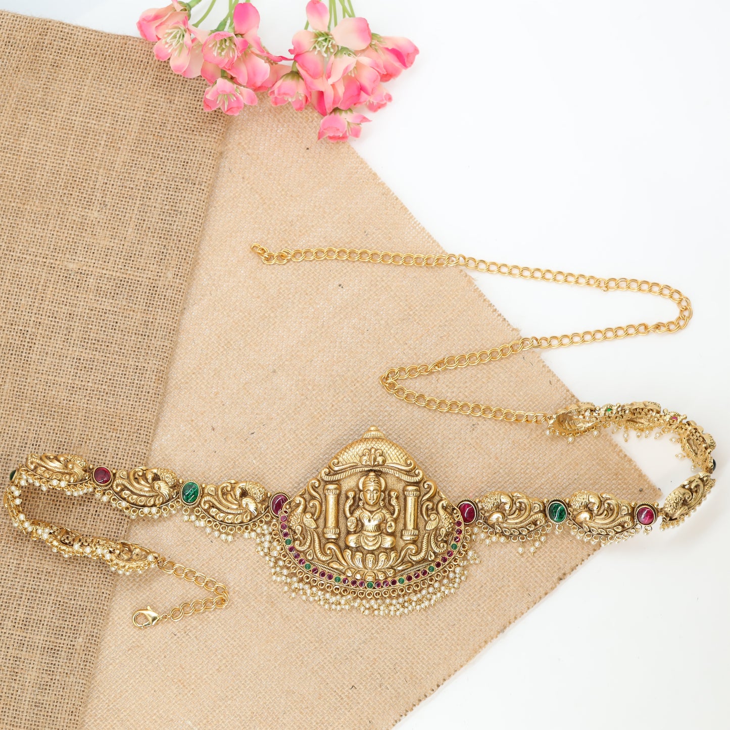Shrivatsa Lakshmi Shrine Waist Belt with Pillared Crest and Gem Arch Fringe