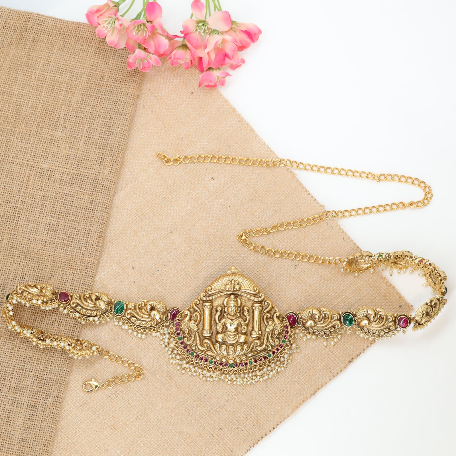 Shrivatsa Lakshmi Shrine Waist Belt with Pillared Crest and Gem Arch Fringe